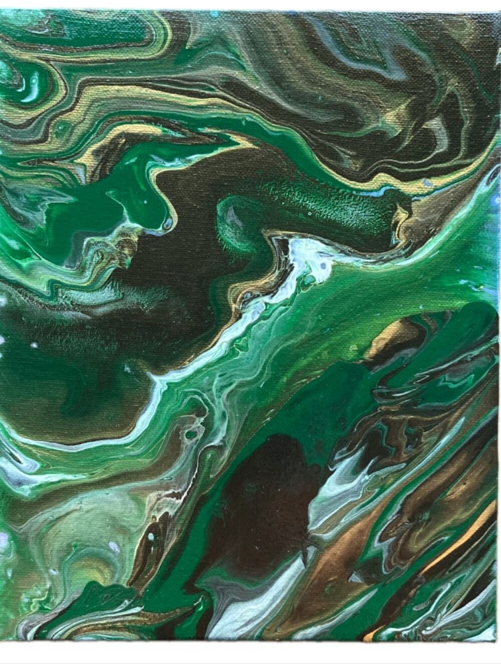 Abstract Fluid Pour Painting Green Gold Acrylic 8" x 10" Home Decor Alligator